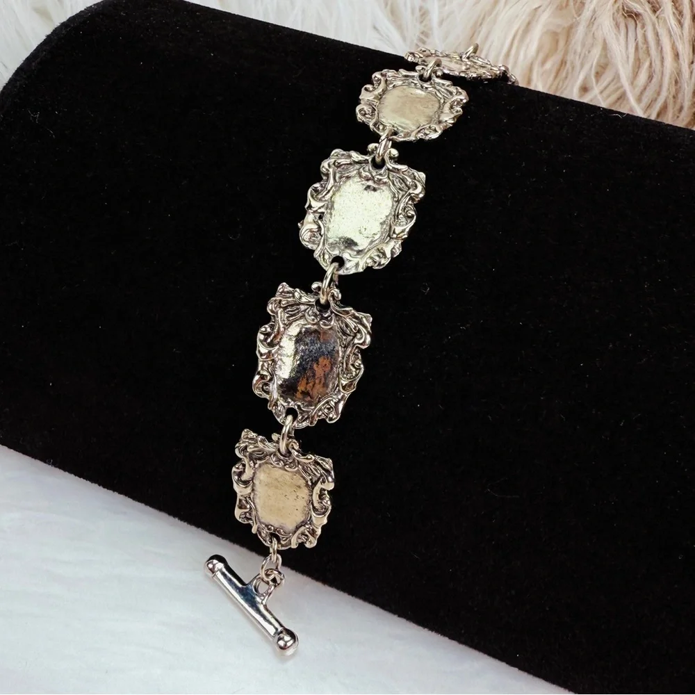 Ornate Silvertone Shield Link Bracelet Toggle Clasp Medieval Gothic Style